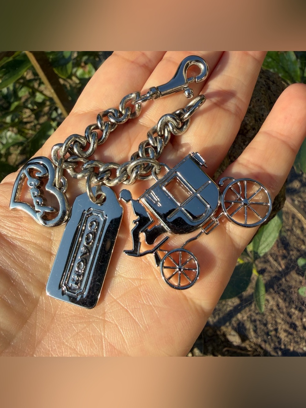 COACH Vintage Silver-Tone Horse & Carriage Multi-Charm Chain Keychain Bag Charm